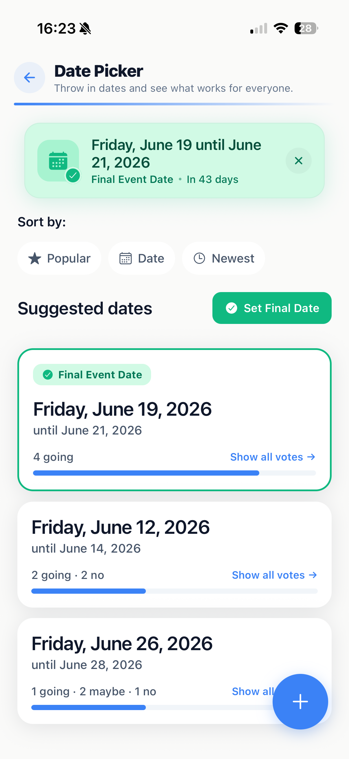 Planbutlr date picker screen showing suggested dates and a final event date