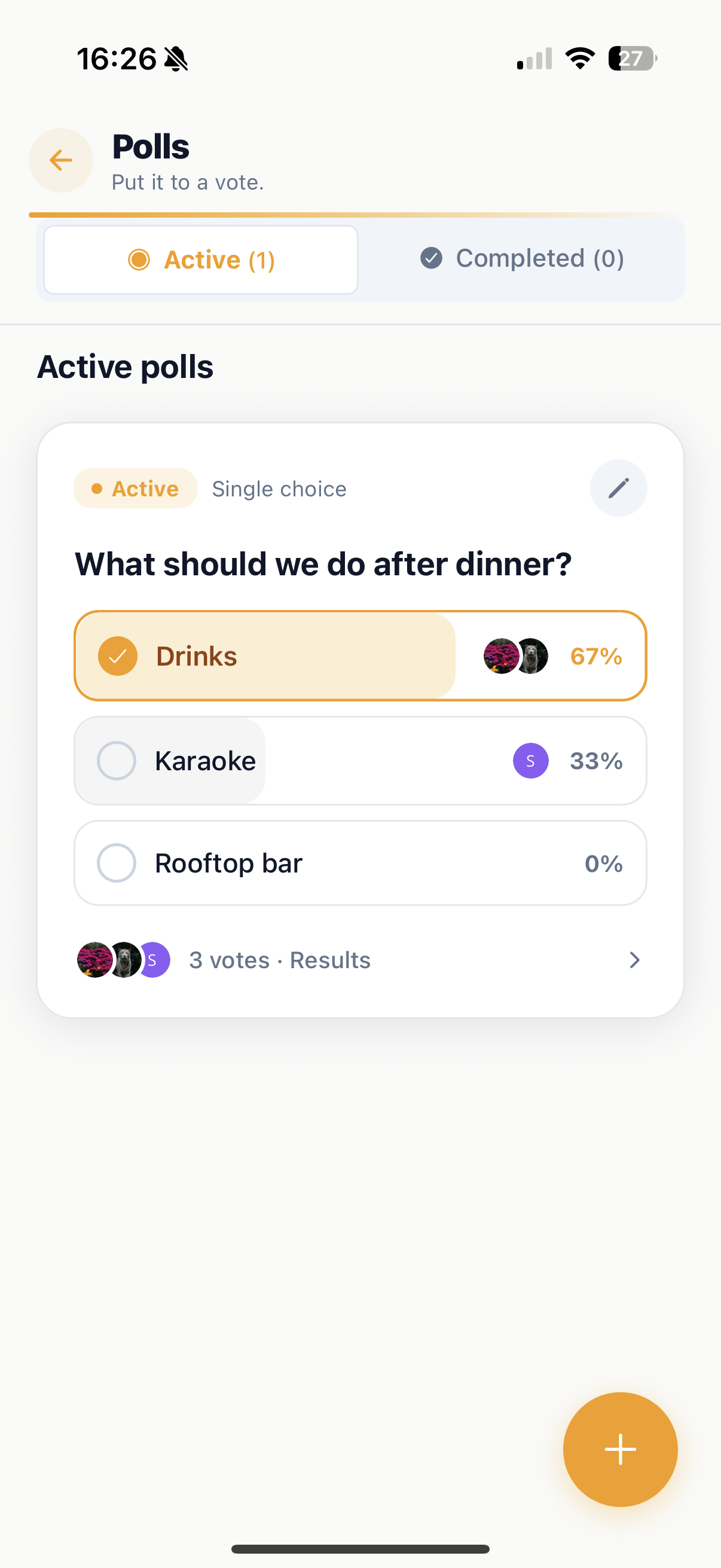 Planbutlr polls screen showing an active group vote with live results